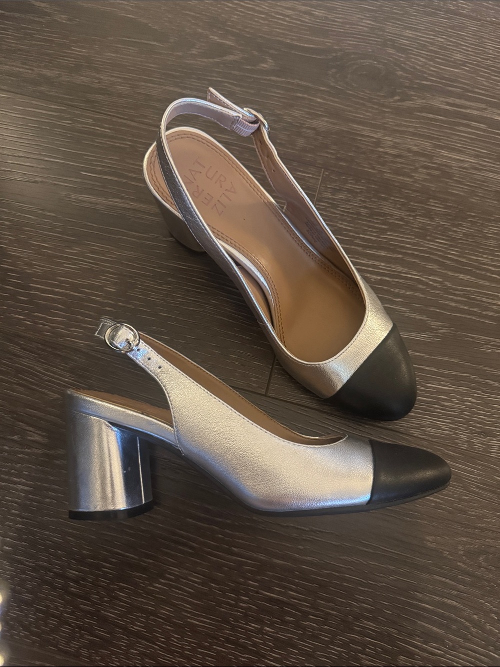 NWOT Naturalizer Silver Slingback Heels with Black Cap Toe